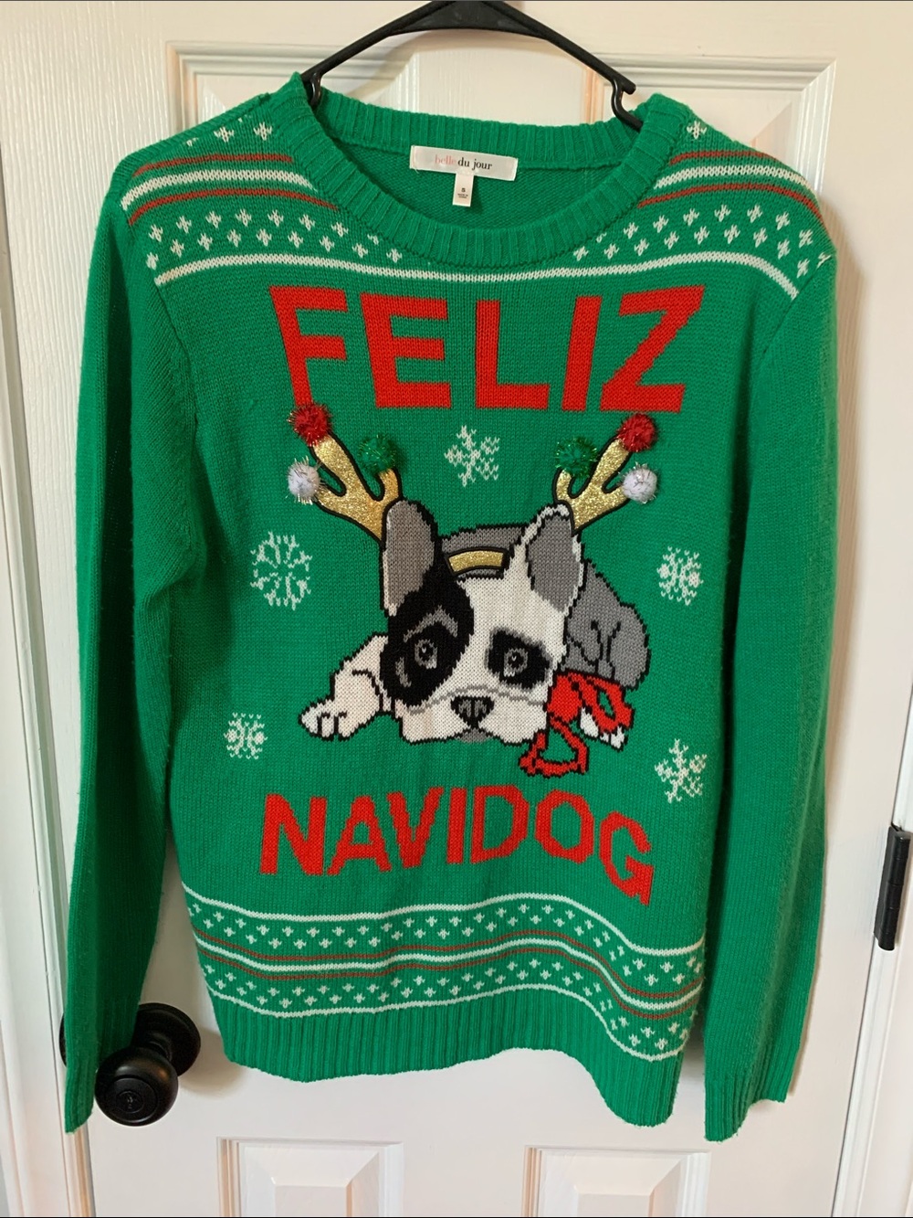 Women’s French Bull Dog Ugly Christmas Sweater Feliz Navidog Sz. Small